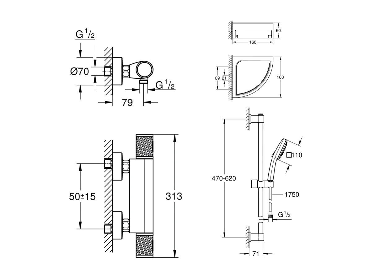 Mitigeur douche thermostatique GROHE Precision Feel + Ensemble de douche 2 jets avec barre + Tablette d'angle