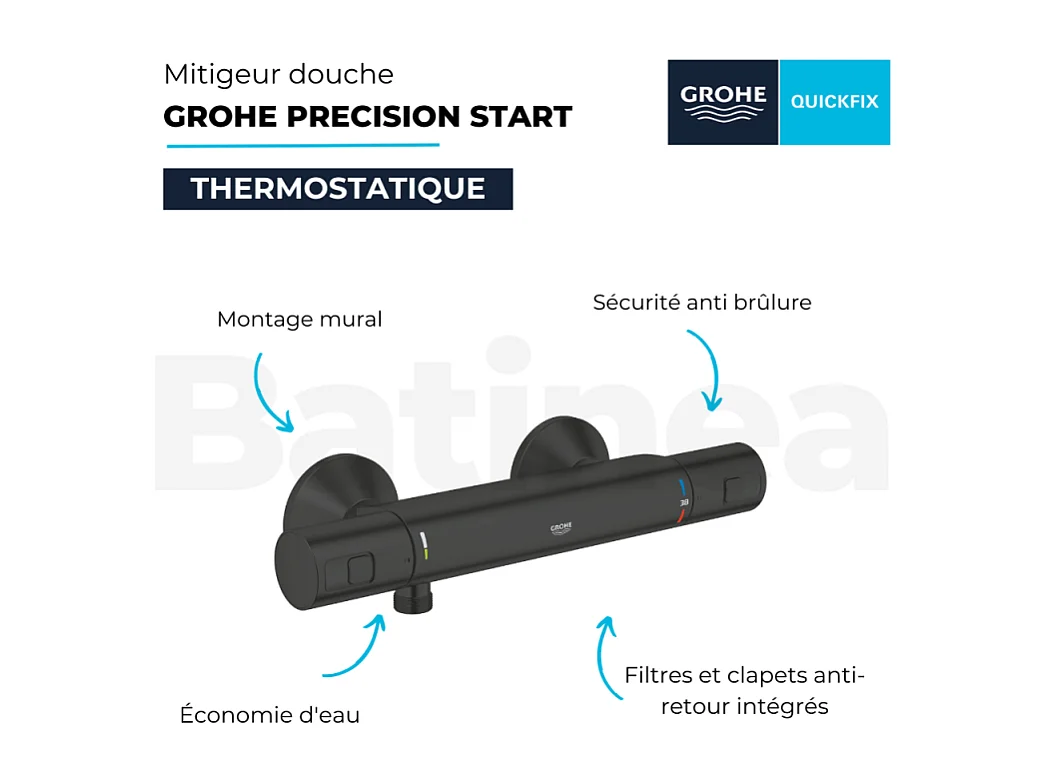 Mitigeur douche thermostatique GROHE Precision Start + Ensemble de douche avec barre 2 jets + Tablette de douche d'angle