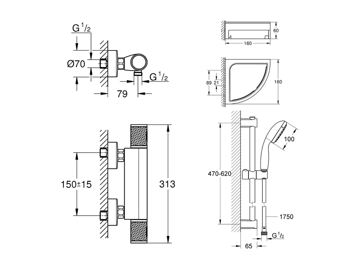 Mitigeur douche thermostatique GROHE Precision Start + Ensemble de douche avec barre 2 jets + Tablette de douche d'angle