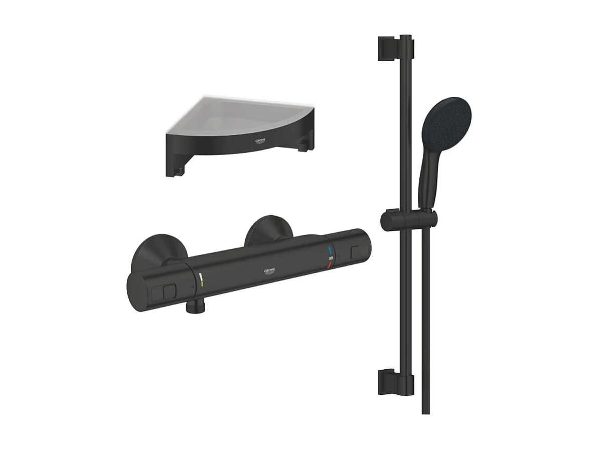 Mitigeur douche thermostatique GROHE Precision Start + Ensemble de douche avec barre 2 jets + Tablette de douche d'angle