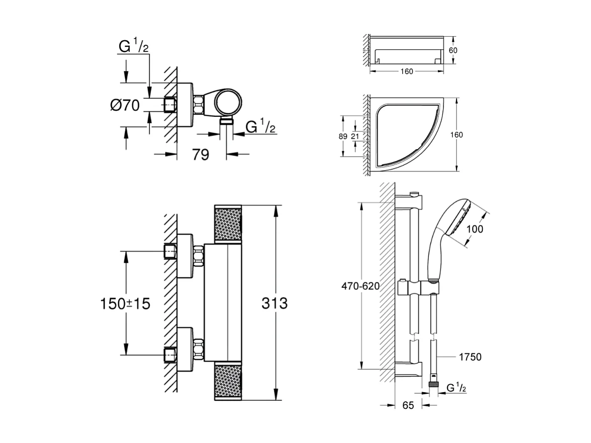 Mitigeur douche thermostatique GROHE Precision Start + Ensemble de douche avec barre 2 jets + Tablette de douche d'angle