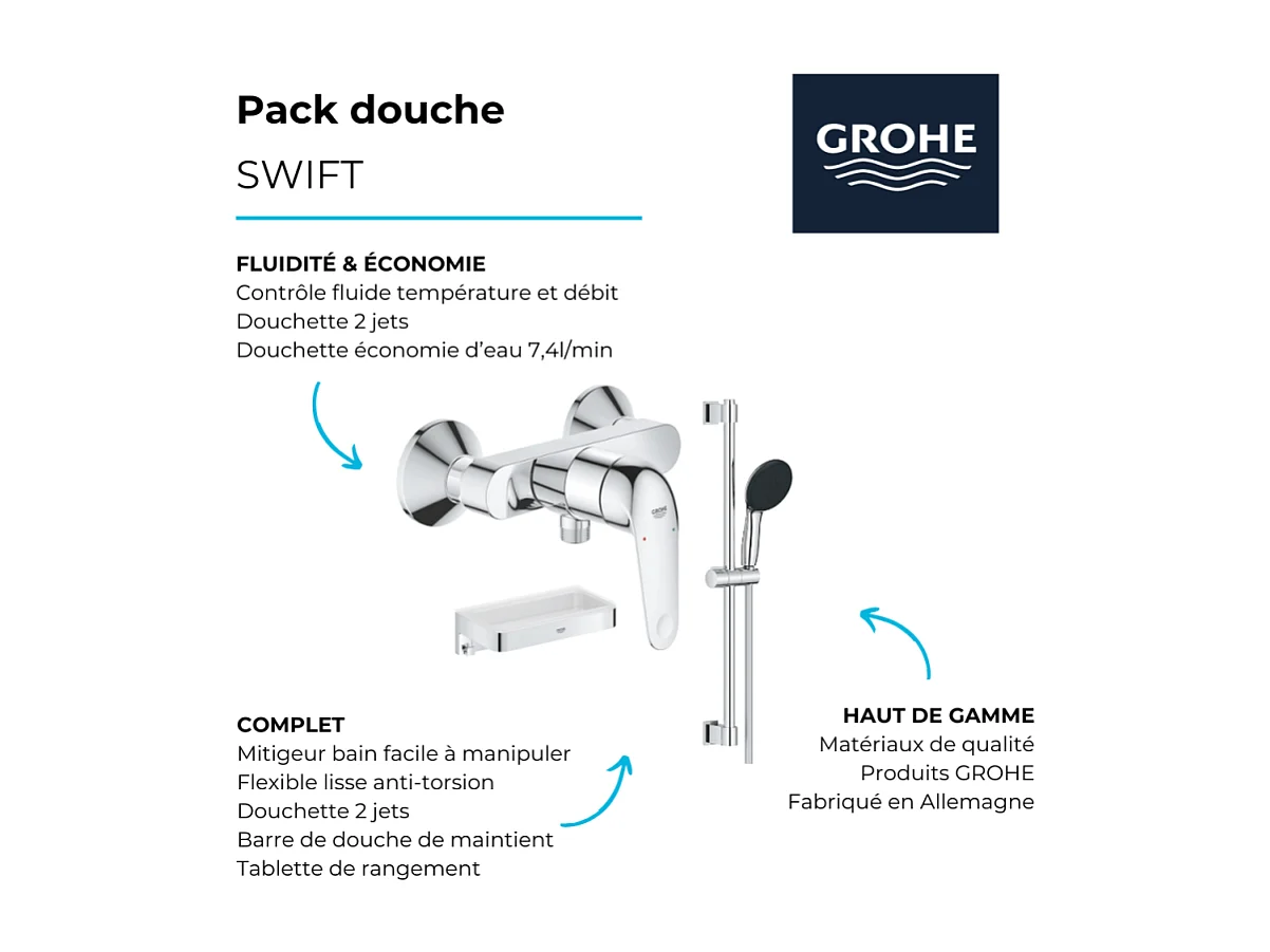 Mitigeur douche mécanique GROHE Swift 2023 + Ensemble de douche 2 jets avec barre + Panier douche