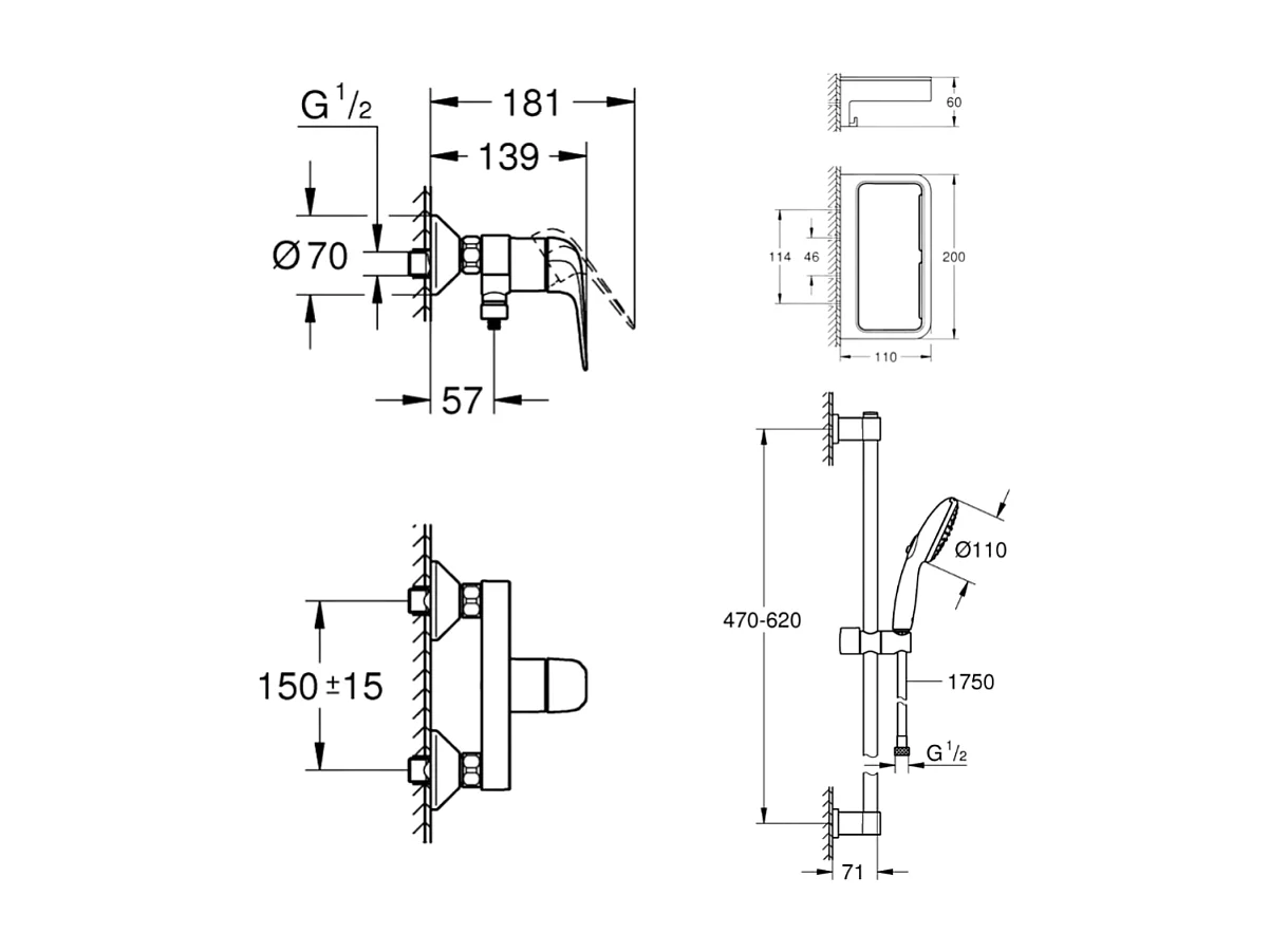 Mitigeur douche mécanique GROHE Swift 2023 + Ensemble de douche 2 jets avec barre + Panier douche