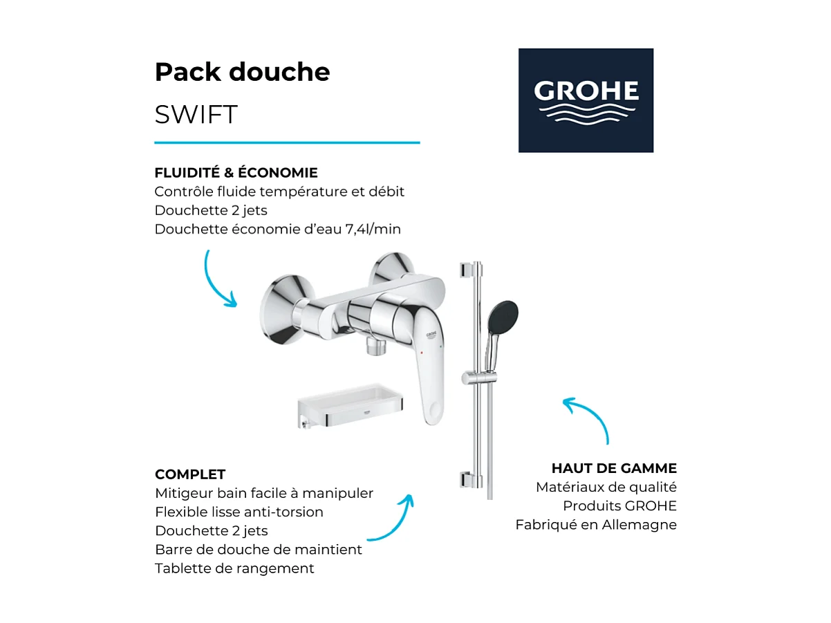 Mitigeur douche mécanique GROHE Swift 2023 + Ensemble de douche 2 jets avec barre + Panier douche