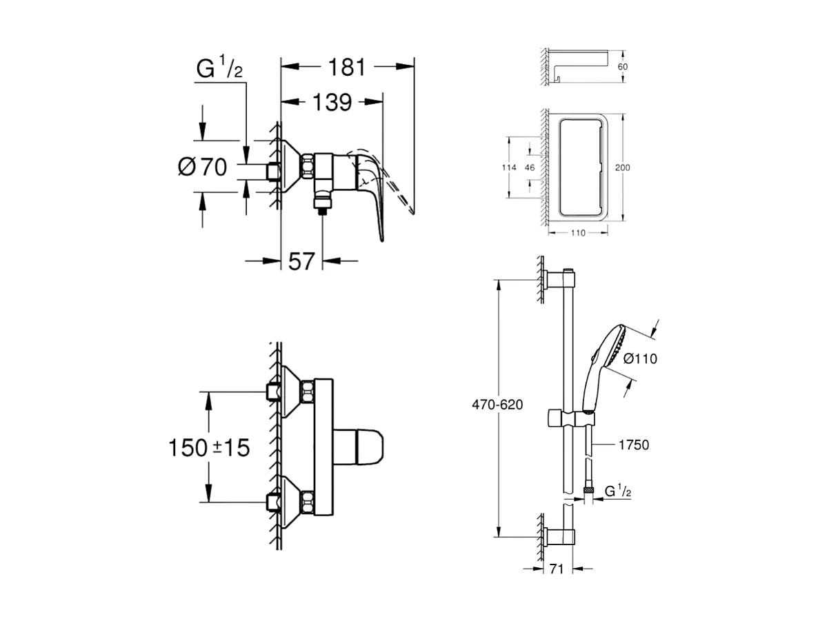 Mitigeur douche mécanique GROHE Swift 2023 + Ensemble de douche 2 jets avec barre + Panier douche