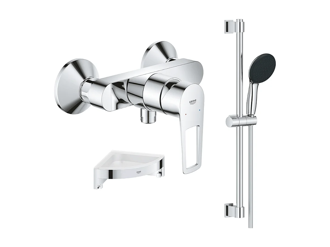 Pack mitigeur douche mécanique GROHE StartLoop + Ensemble de douche Start 2 jets avec barre + Tablette de douche d'angle