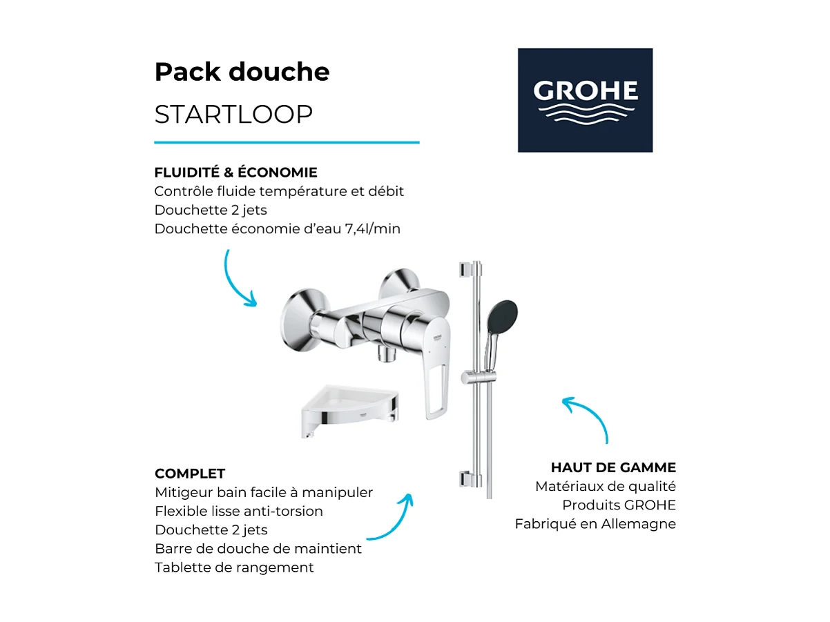 Pack mitigeur douche mécanique GROHE StartLoop + Ensemble de douche Start 2 jets avec barre + Tablette de douche d'angle