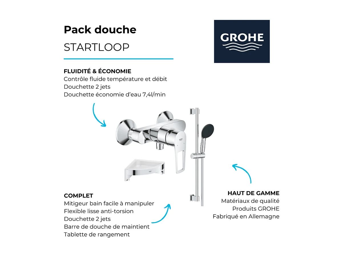 Pack mitigeur douche mécanique GROHE StartLoop + Ensemble de douche Start 2 jets avec barre + Tablette de douche d'angle
