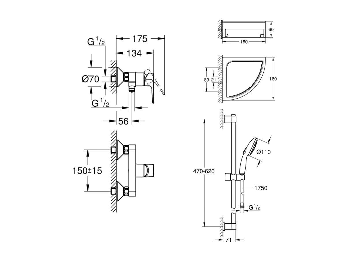 Pack mitigeur douche mécanique GROHE StartLoop + Ensemble de douche Start 2 jets avec barre + Tablette de douche d'angle