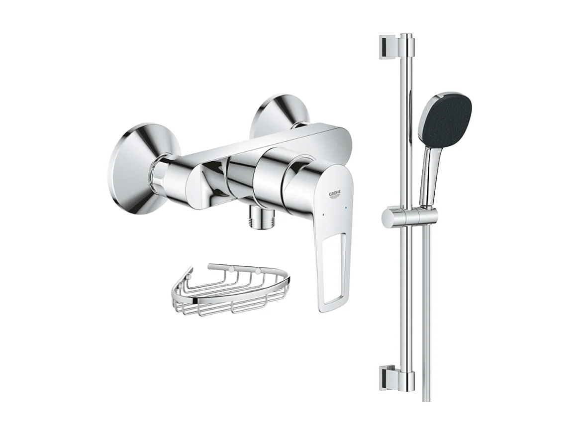 Pack mitigeur douche mécanique GROHE StartLoop + Ensemble  de douche 2 jets avec barre + Panier porte-savon