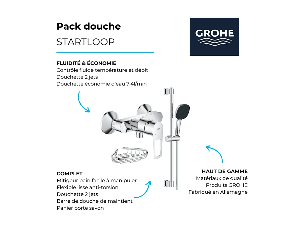 Pack mitigeur douche mécanique GROHE StartLoop + Ensemble  de douche 2 jets avec barre + Panier porte-savon