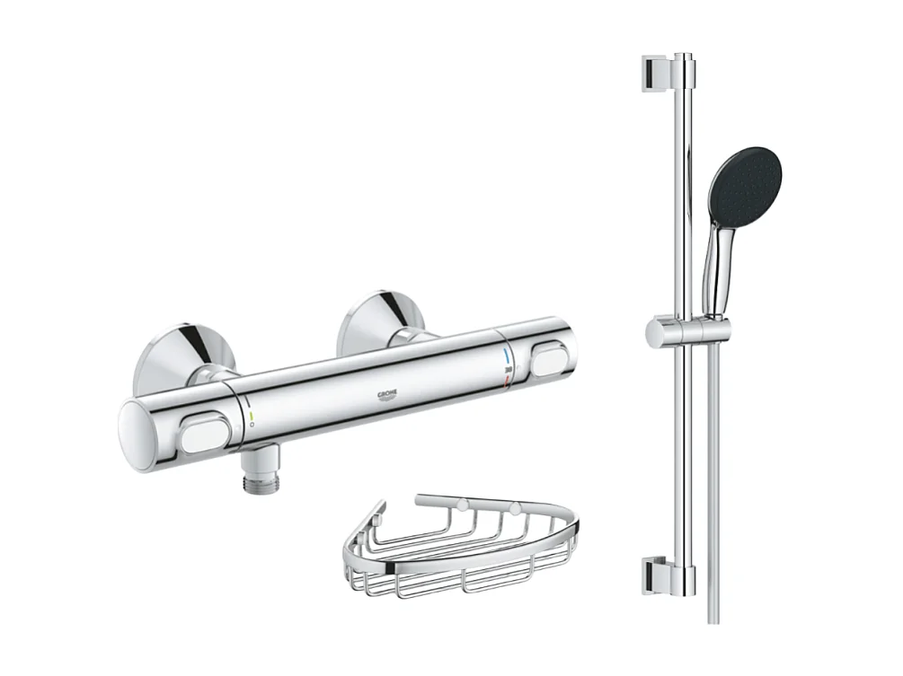 Mitigeur douche thermostatique GROHE Precision Flow + Ensemble de douche 2 jets avec barre + Porte-savon