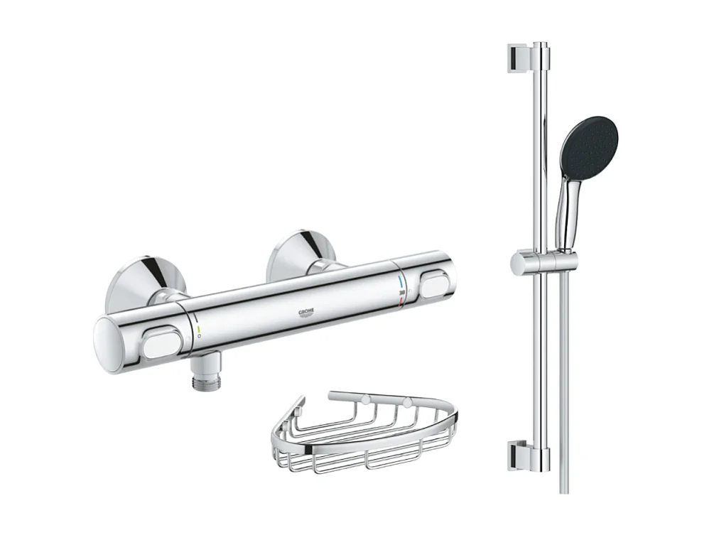 Mitigeur douche thermostatique GROHE Precision Flow + Ensemble de douche 2 jets avec barre + Porte-savon