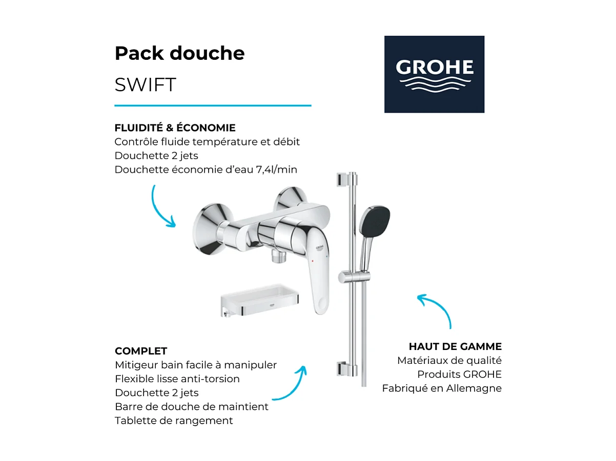Pack douche mécanique Swift 2023 avec ensemble de douhe Vitalio Comfort 110 et tablette