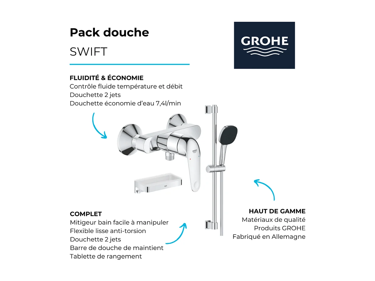 Pack douche mécanique Swift 2023 avec ensemble de douhe Vitalio Comfort 110 et tablette