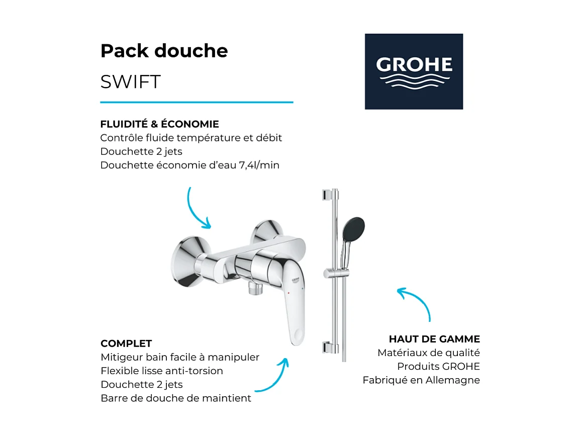 Pack mitigeur douche mécanique GROHE Swift 2023 + Ensemble de douche 2 jets avec barre Chromé