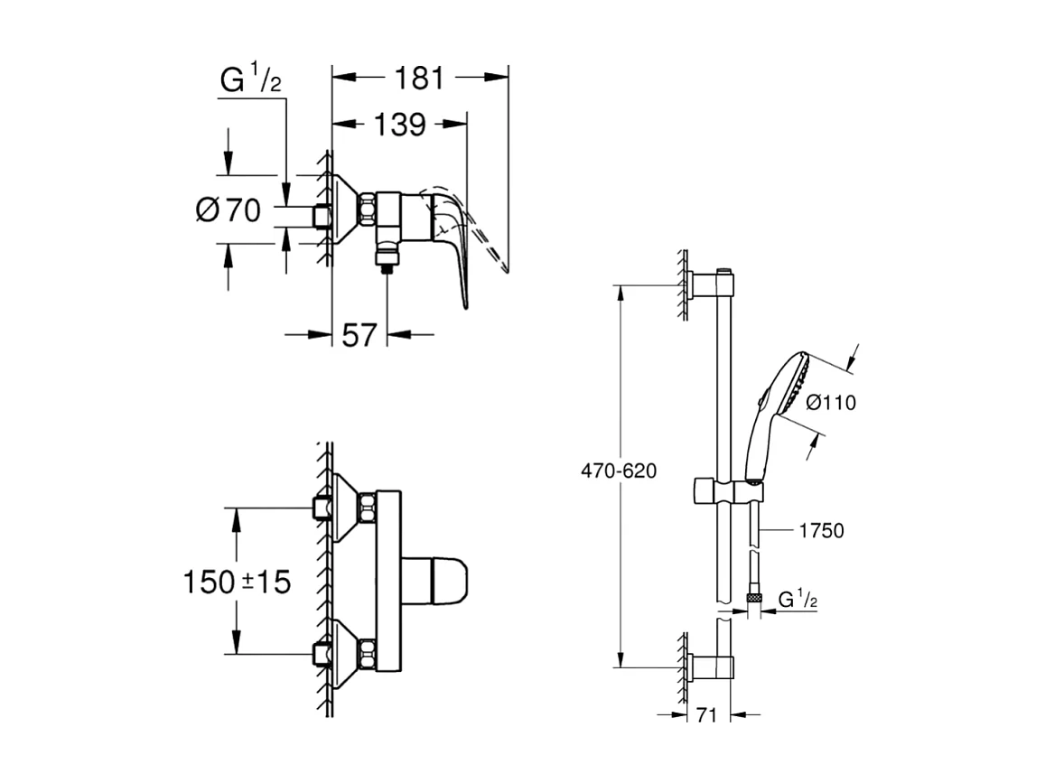 Pack mitigeur douche mécanique GROHE Swift 2023 + Ensemble de douche 2 jets avec barre Chromé