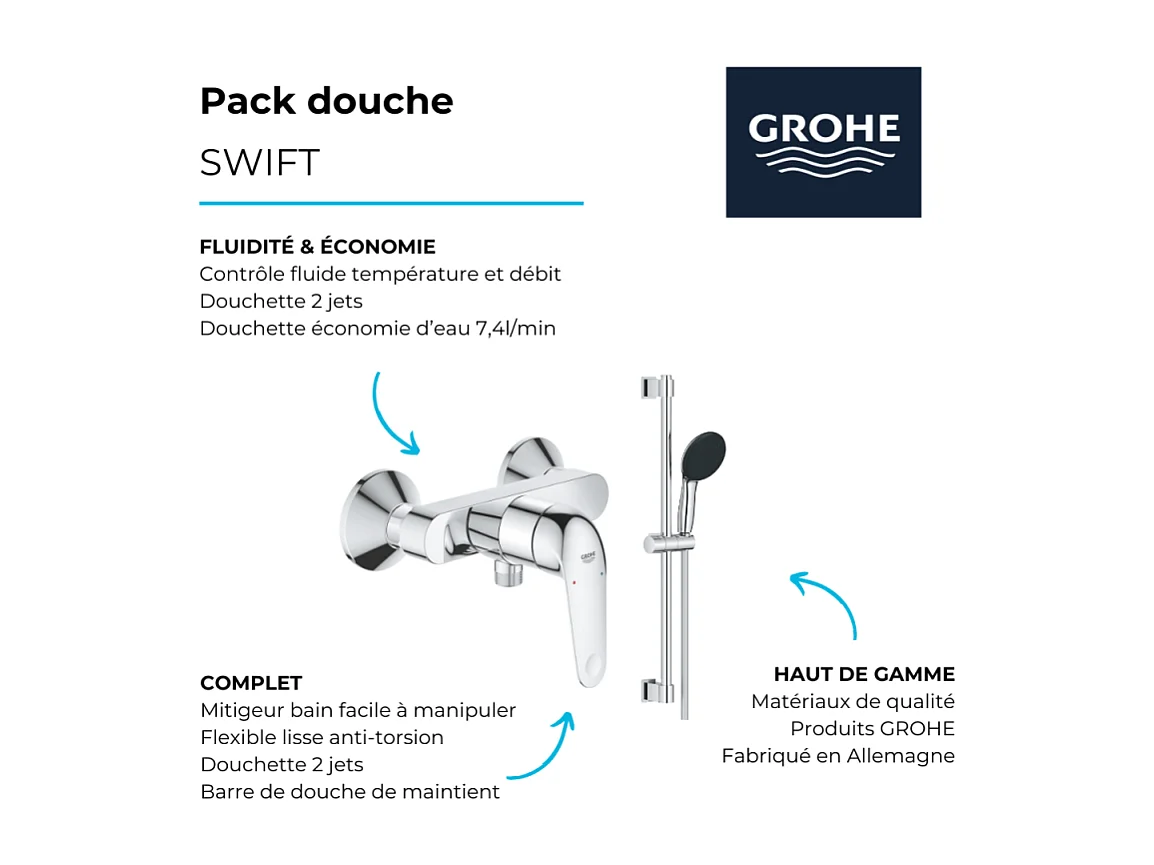 Pack mitigeur douche mécanique GROHE Swift 2023 + Ensemble de douche 2 jets avec barre Chromé
