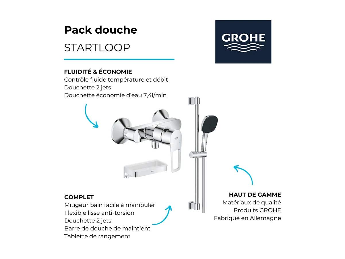 Pack mitigeur douche mécanique GROHE StartLoop + Ensemble de douche 2 jets avec barre + Panier douche