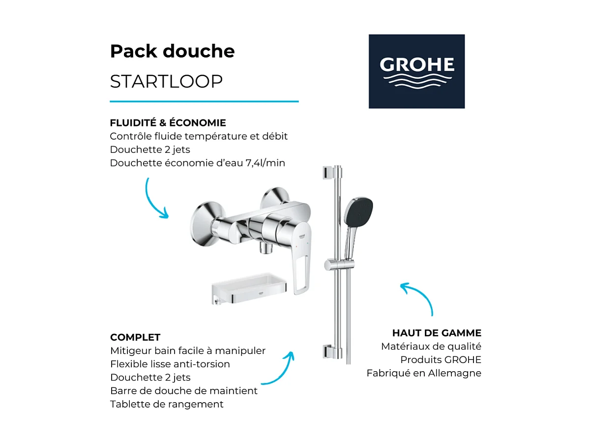 Pack mitigeur douche mécanique GROHE StartLoop + Ensemble de douche 2 jets avec barre + Panier douche