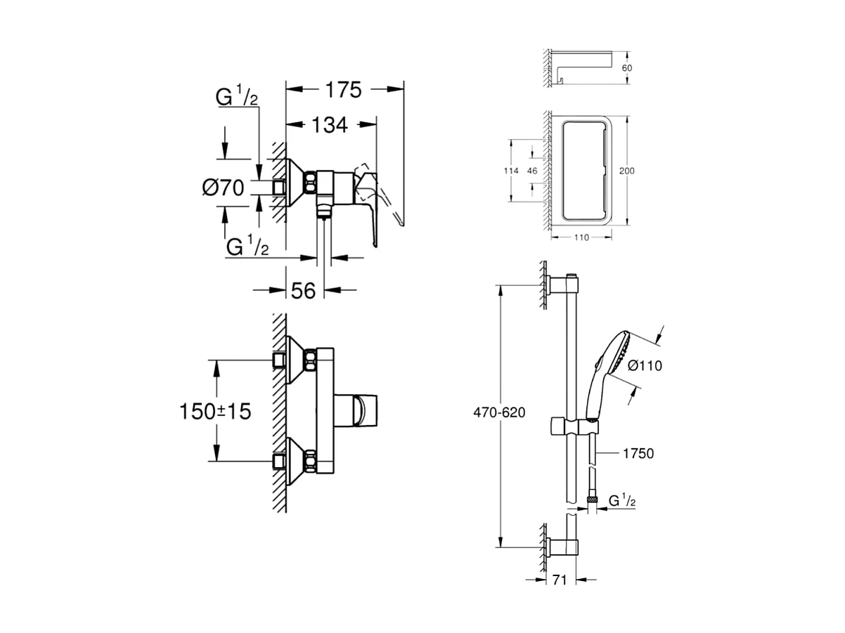 Pack mitigeur douche mécanique GROHE StartLoop + Ensemble de douche 2 jets avec barre + Panier douche