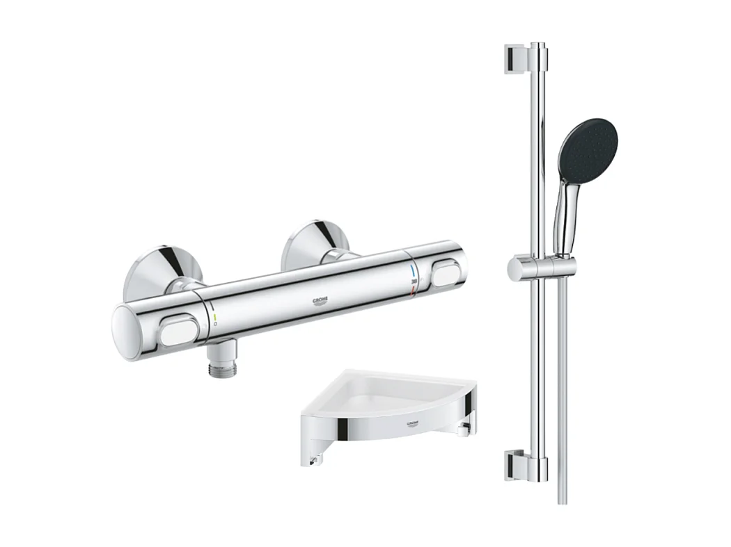 Mitigeur douche thermostatique GROHE Precision Flow + Ensemble de douche 2 jets et barre +Tablette d'angle