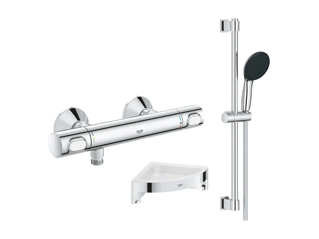 Mitigeur douche thermostatique GROHE Precision Flow + Ensemble de douche 2 jets et barre +Tablette d'angle