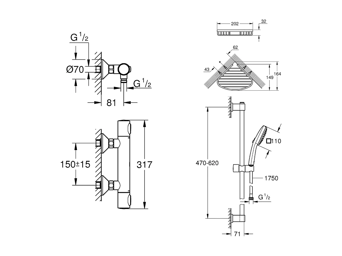 Mitigeur douche thermostatique GROHE Precision Flow + Ensemble de douche 2 jets et barre +Tablette d'angle