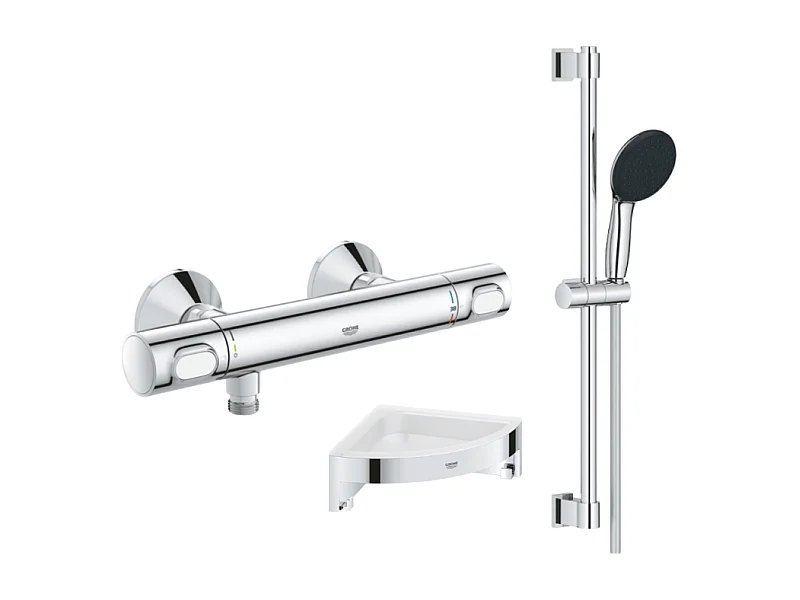 Mitigeur douche thermostatique GROHE Precision Flow + Ensemble de douche 2 jets et barre +Tablette d'angle