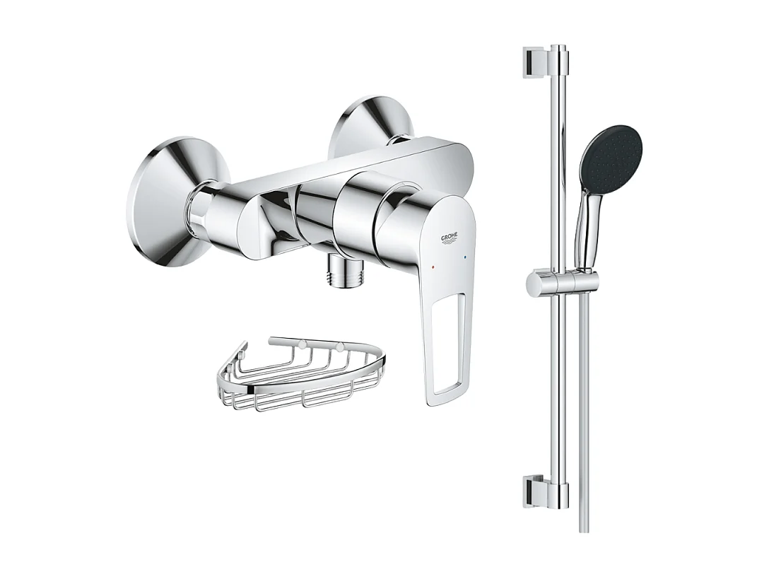 Pack mitigeur douche mécanique GROHE StartLoop + Ensemble de douche 2 jets avec barre + Panier porte-savon