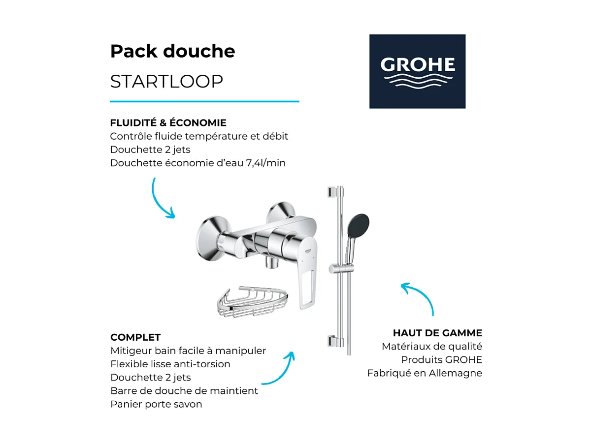 Pack mitigeur douche mécanique GROHE StartLoop + Ensemble de douche 2 jets avec barre + Panier porte-savon