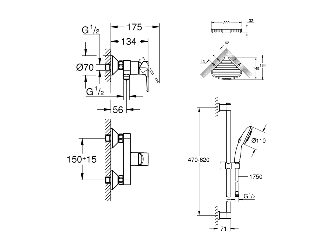 Pack mitigeur douche mécanique GROHE StartLoop + Ensemble de douche 2 jets avec barre + Panier porte-savon