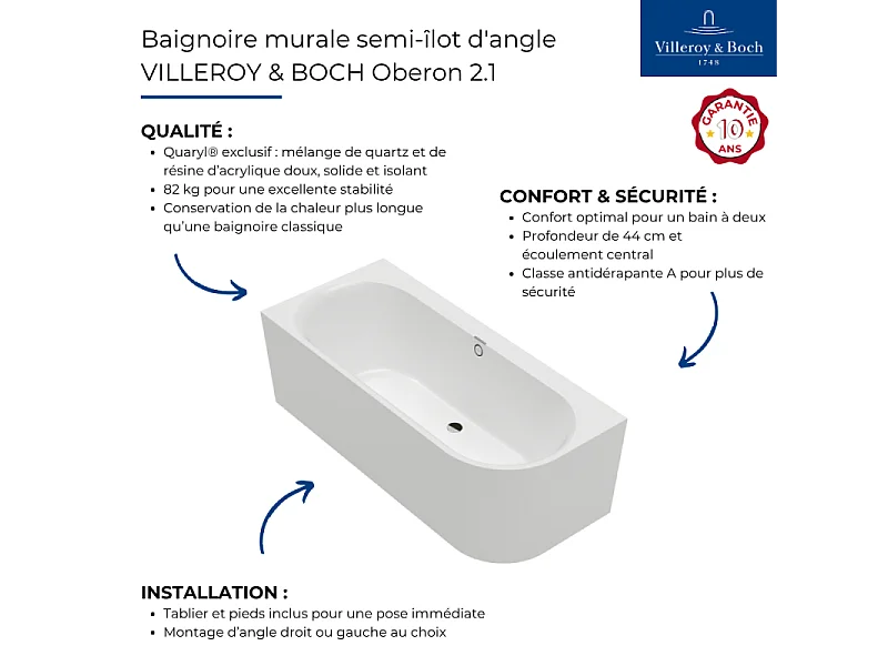 Baignoire murale semi-îlot d'angle VILLEROY & BOCH Oberon 2.1 blanc brillant version droite