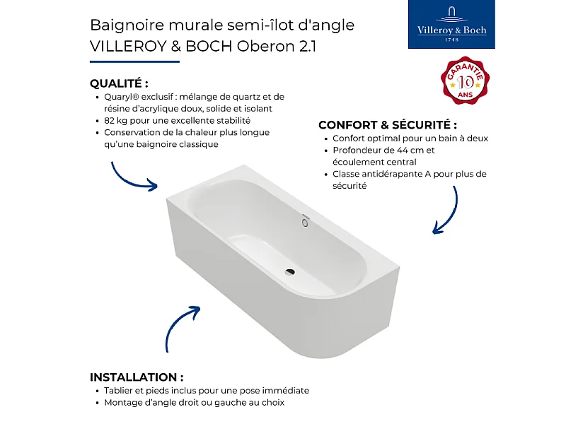 Baignoire murale semi-îlot d'angle VILLEROY & BOCH Oberon 2.1 blanc brillant version gauche