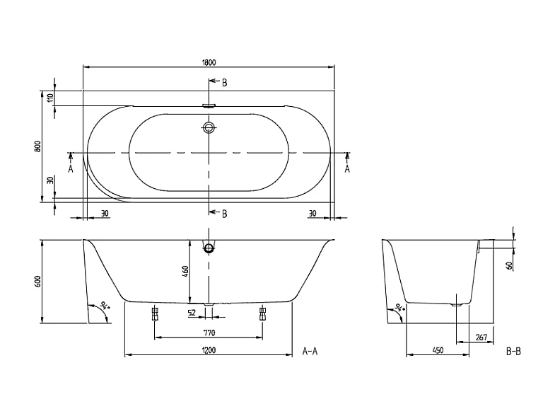 Baignoire murale semi-îlot d'angle VILLEROY & BOCH Oberon 2.1 blanc mat version droite