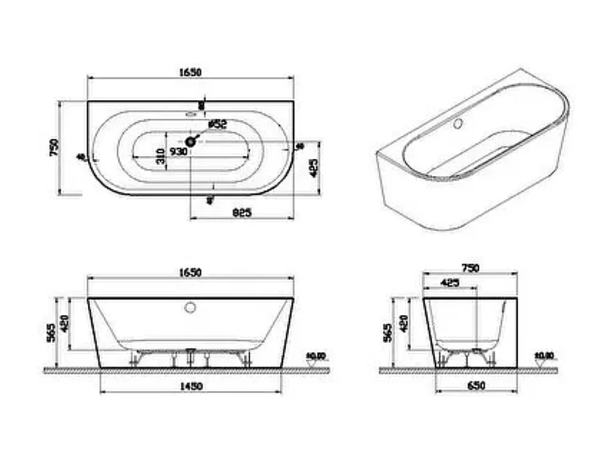 Baignoire semi îlot VITRA Geo 165x75 + pieds + siphon standard