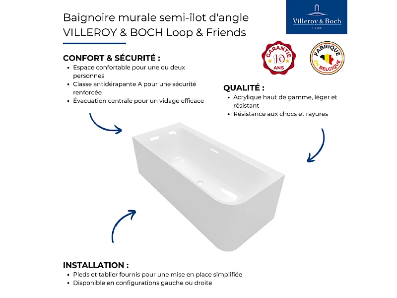 Baignoire semi-îlot d'angle VILLEROY & BOCH Loop & Friends version gauche avec bonde blanche et trop-plein chromé