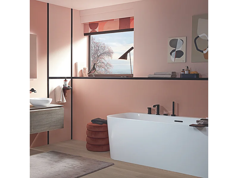 Baignoire semi-îlot d'angle VILLEROY & BOCH Loop & Friends version gauche avec bonde blanche et trop-plein chromé