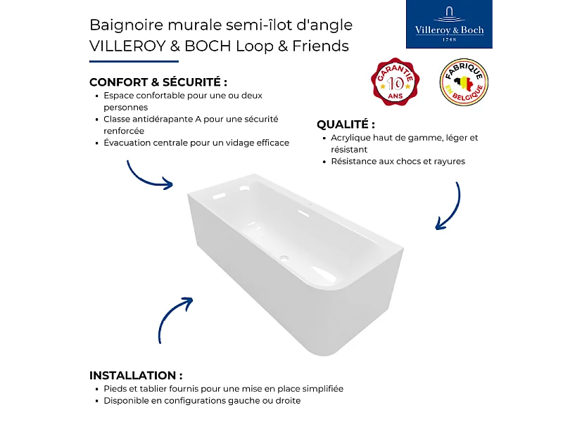 Baignoire semi-îlot d'angle VILLEROY & BOCH Loop & Friends version droite avec bonde blanche et trop-plein chromé