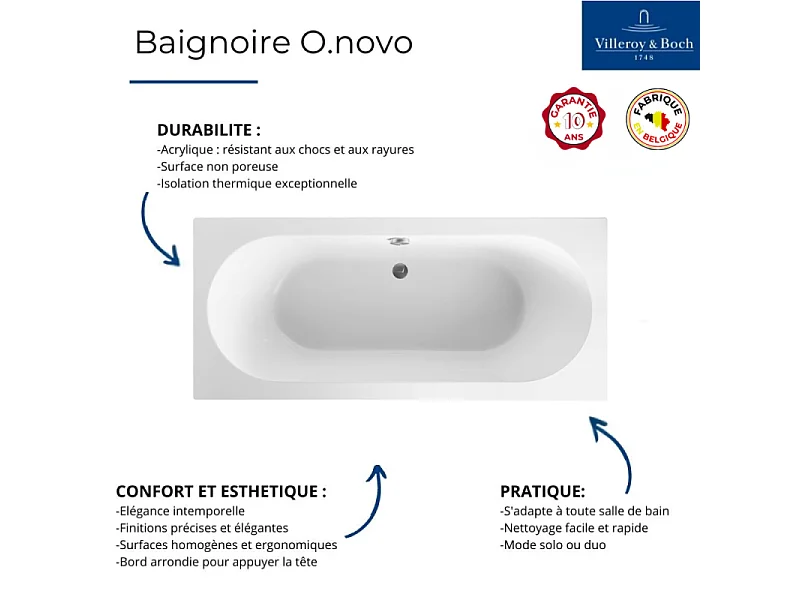 Baignoire droite VILLEROY & BOCH O.Novo 180 x 80 cm Blanc + Pare bain droite AURYS Raywall noir mat