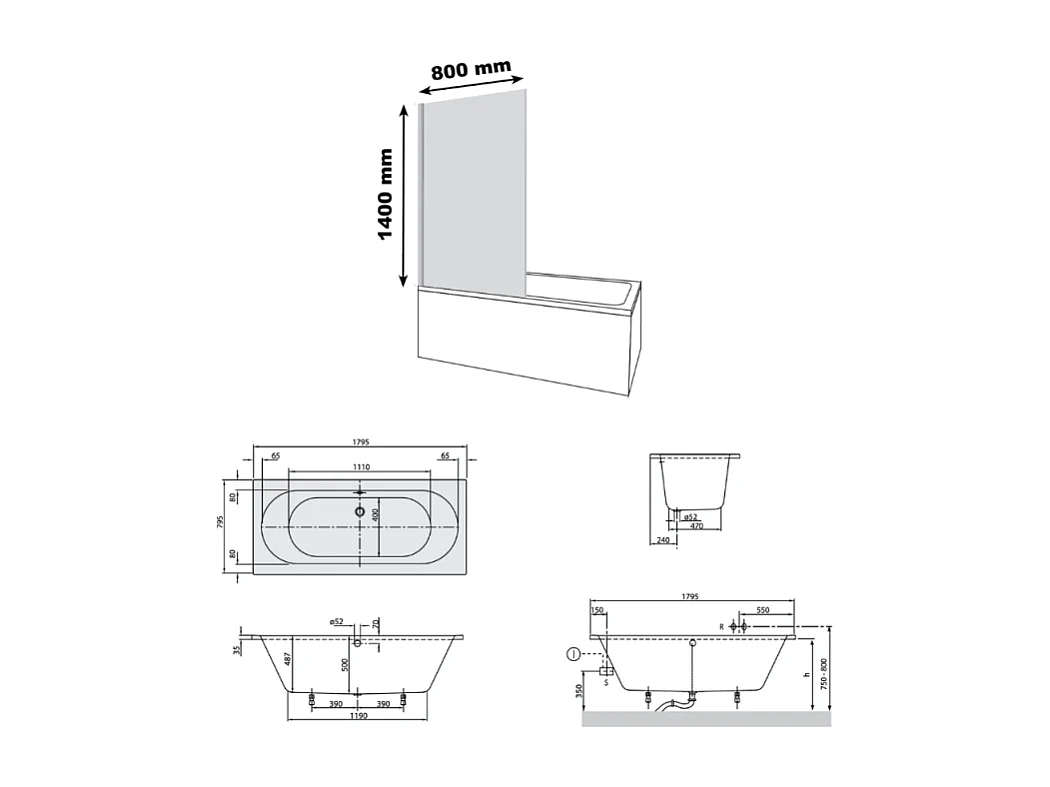 Baignoire droite VILLEROY & BOCH O.Novo 180 x 80 cm Blanc + Pare bain droite AURYS Raywall noir mat