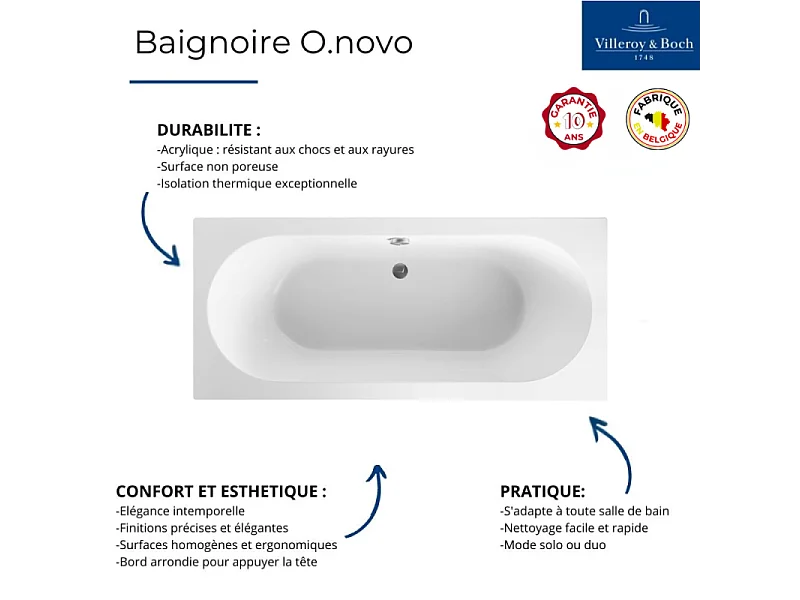 Baignoire droite VILLEROY & BOCH O.Novo 180 x 80 cm Blanc + Pare bain droite AURYS Raywall noir mat