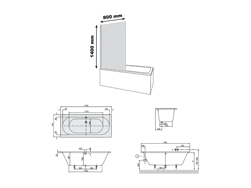 Baignoire droite VILLEROY & BOCH O.Novo 180 x 80 cm Blanc + Pare bain droite AURYS Raywall noir mat