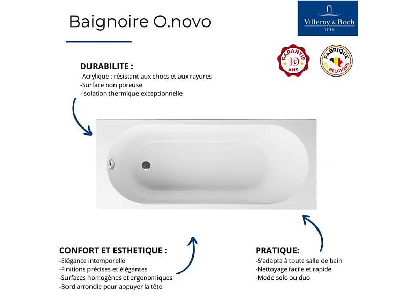 Baignoire droite avec pieds 170 x 75 cm VILLEROY & BOCH O.Novo Blanc + Pare bain droite AURYS Raywall noir mat