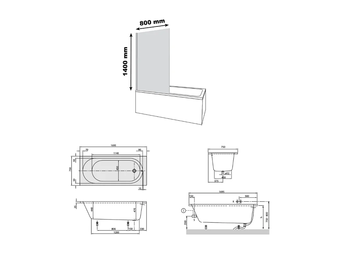 Baignoire droite avec pieds 170 x 75 cm VILLEROY & BOCH O.Novo Blanc + Pare bain droite AURYS Raywall noir mat