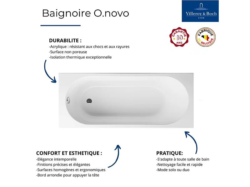 Baignoire droite avec pieds 170 x 75 cm VILLEROY & BOCH O.Novo Blanc + Pare bain droite AURYS Raywall noir mat