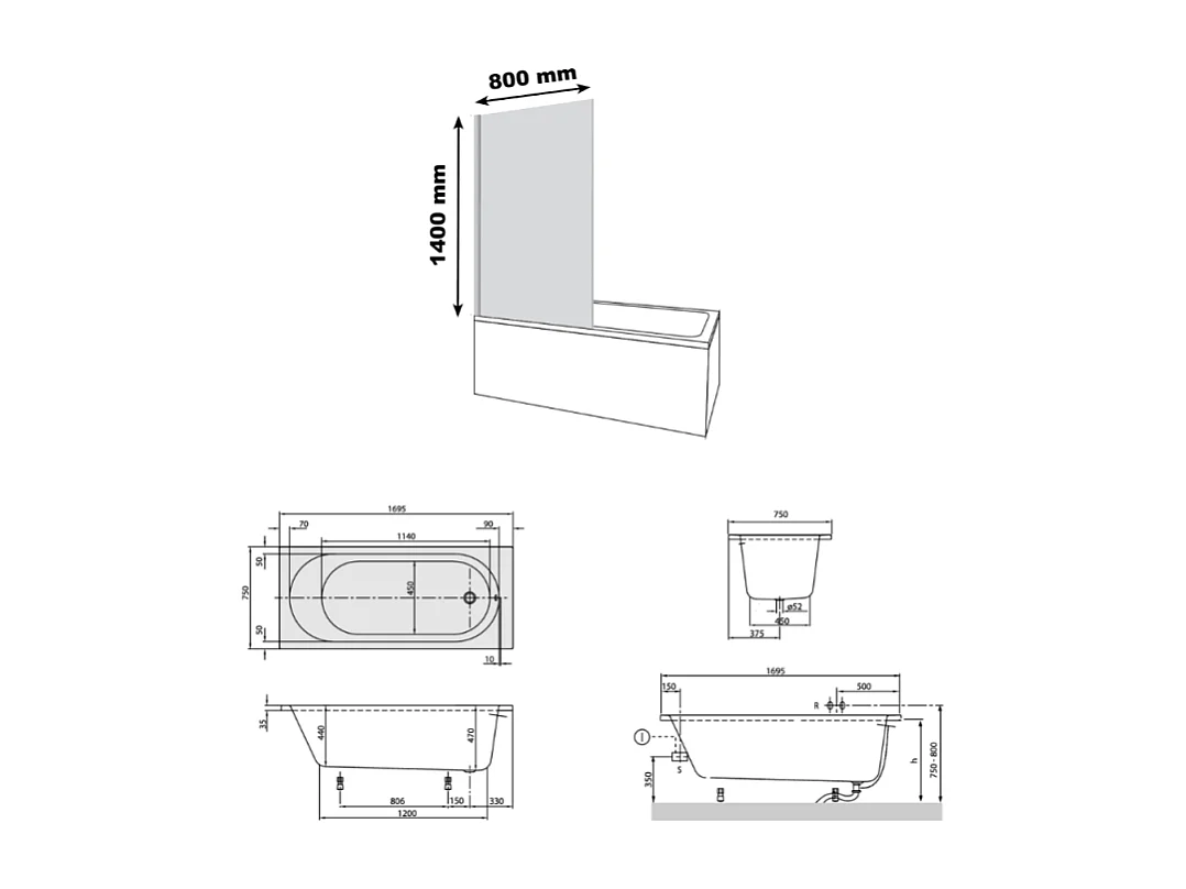 Baignoire droite avec pieds 170 x 75 cm VILLEROY & BOCH O.Novo Blanc + Pare bain droite AURYS Raywall noir mat