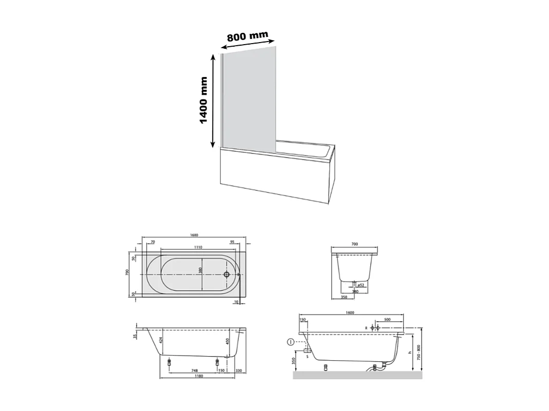 Baignoire droite VILLEROY & BOCH O.Novo 160 x 70 cm Blanc + Pare Bain gauche AURYS Raywall noir mat