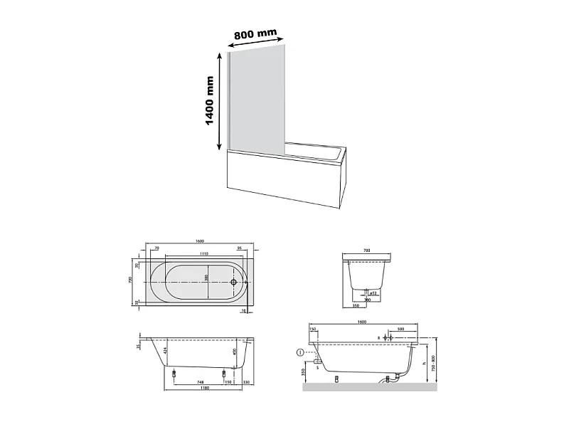 Baignoire droite VILLEROY & BOCH O.Novo 160 x 70 cm Blanc + Pare Bain gauche AURYS Raywall noir mat