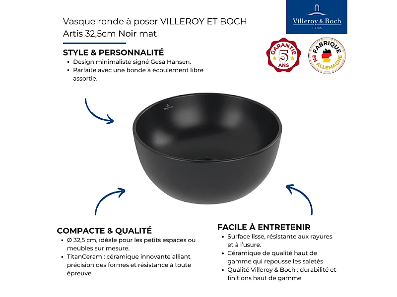 Vasque ronde à poser VILLEROY ET BOCH Artis 32,5cm Noir mat